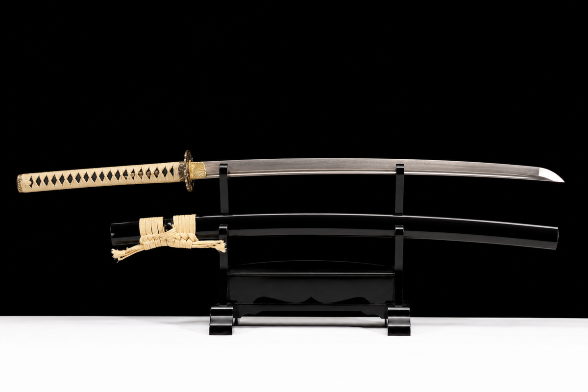 Odachi — 130 cm Patterned Steel, Ivory Ito, Gold-Plated Tsuba — drawn, full view
