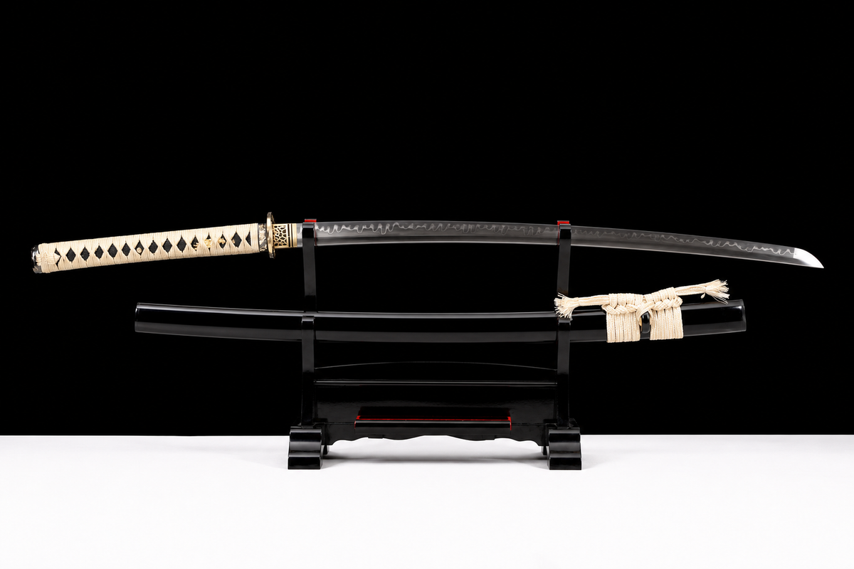 Unsharpened Chrysanthemum-Tsuba Collector Katana — Clay-Tempered T10, Lacquered Saya — unsheathed, full view