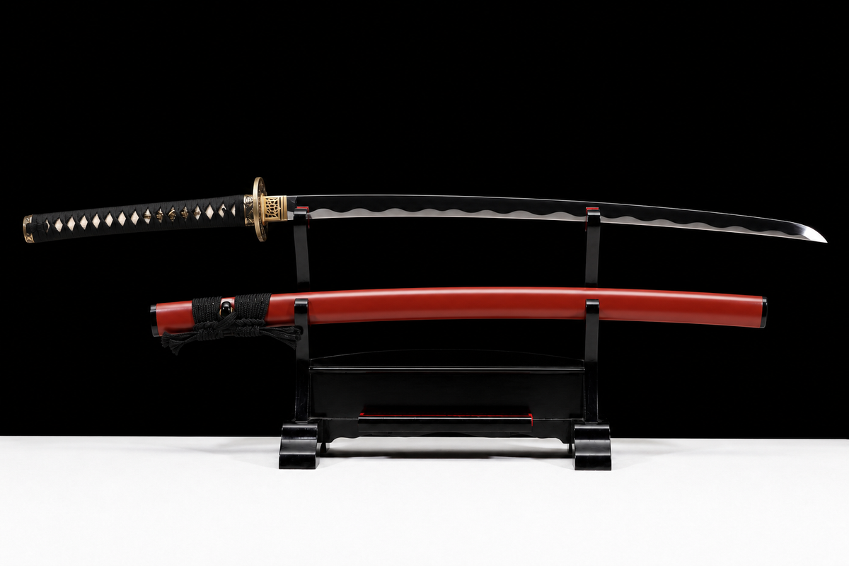 Rising Dragon Katana — Vermilion Saya, Gold Openwork Tsuba — drawn, full view