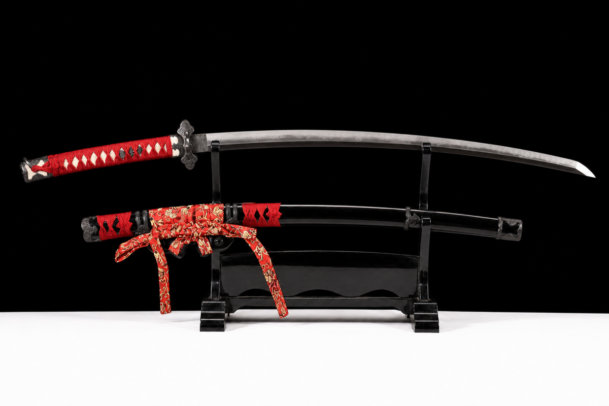 Unsharpened Shogunate Collector Tachi — Clay-Tempered, Wild Rayskin Tsuka — unsheathed, full view