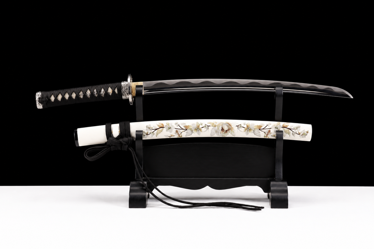 Unsharpened Lantern-Motif Collector Wakizashi — 5160 Steel, Copper-Alloy Fittings — unsheathed, full view