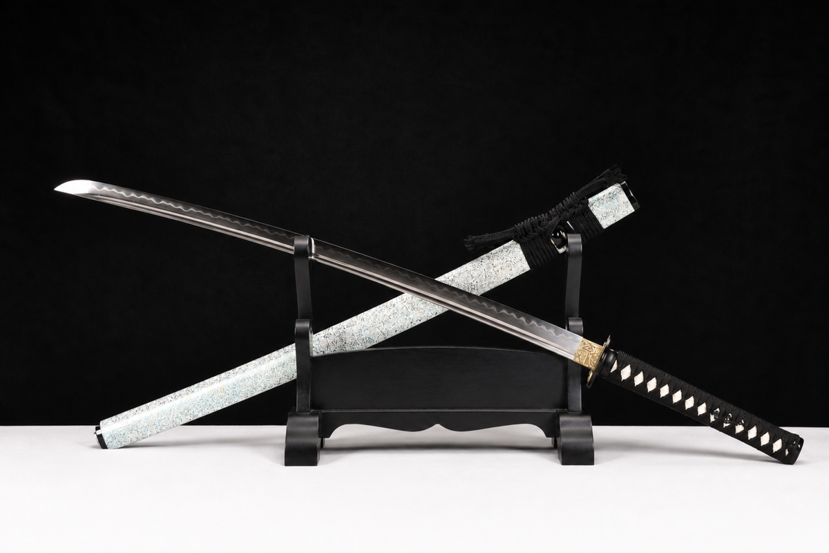 Unsharpened Gilt-Lion Collector Katana — Clay-Tempered T10, Lacquered Saya — unsheathed, full view
