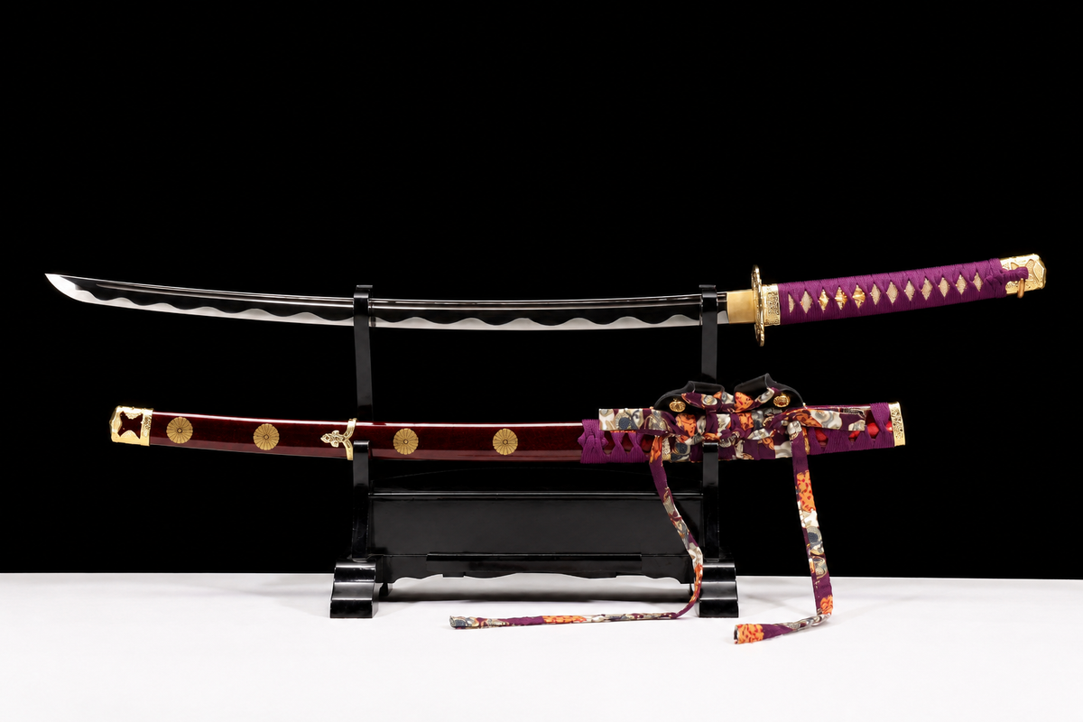 Purple Cloud Tachi — Mirror-Polished 1060, Burgundy Kamon Saya — drawn, full view