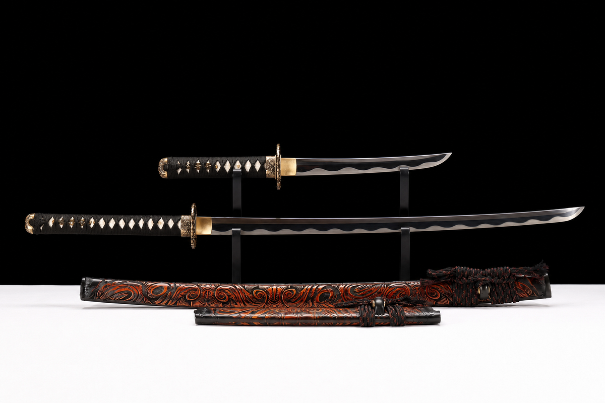 Daisho Set — Mirror-Polished 5160, Carved Red-and-Black Saya — matched daisho set, both blades drawn, full view