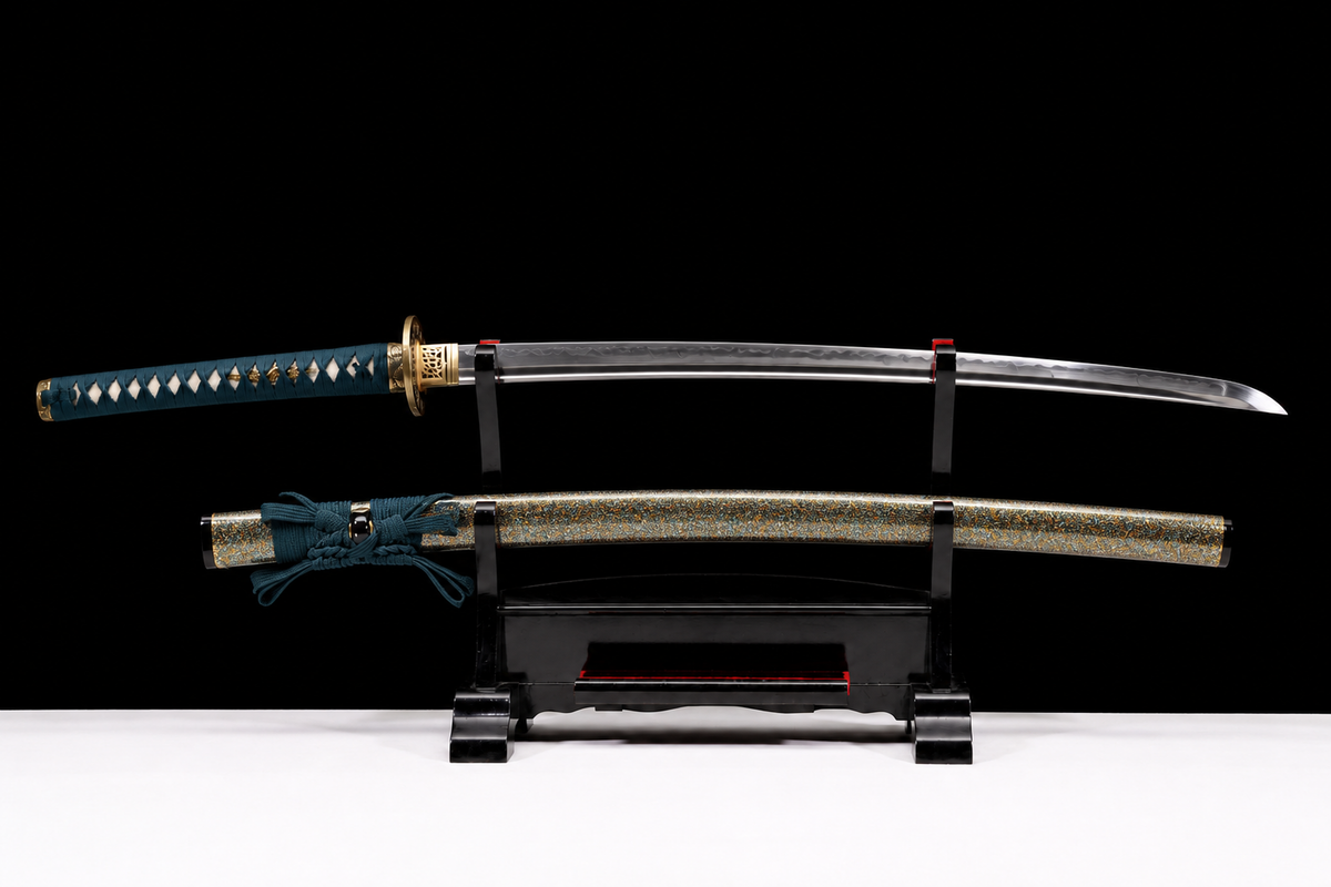 Unsharpened Pan Collector Katana — Grade 45 Carbon Steel, Lacquered Hardwood Saya — unsheathed, full view
