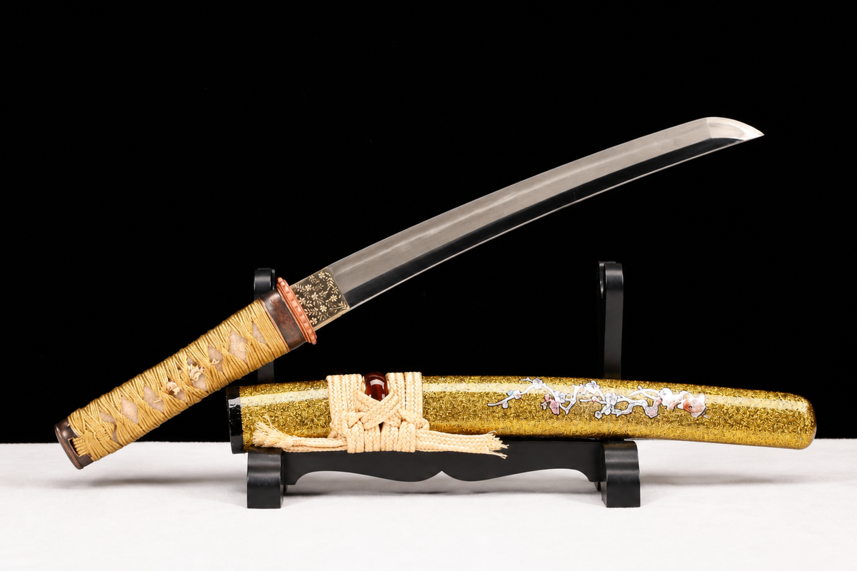 Unsharpened Golden-Crow Collector Wakizashi — Clay-Tempered, Red-Copper Tsuba — unsheathed, full view