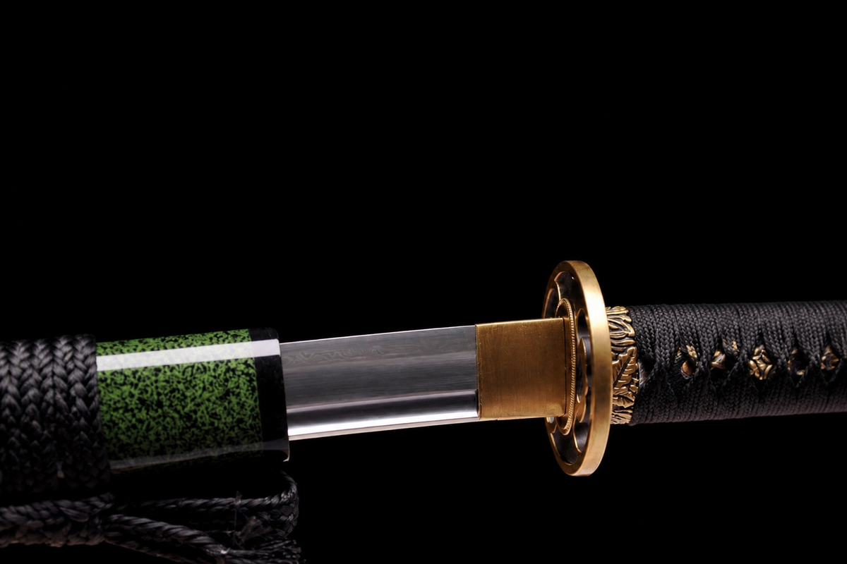 Folded Steel Short Sword — Black Ito, Olive Saya — photograph 3