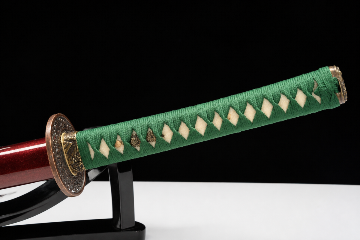 Karakusa Katana — Clay-Tempered T1095, Wine Saya, Green Ito — tsuka detail