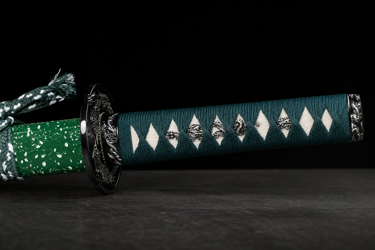 Unsharpened Hira-Zukuri Silver-Dragon Collector Katana — Mirror Polish, Alloy Fittings — tsuka detail