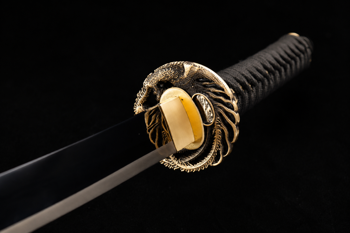 Unsharpened Phoenix Collector Katana — Spring Steel, Copper Mounts, Slim Saya — tsuba and fittings detail