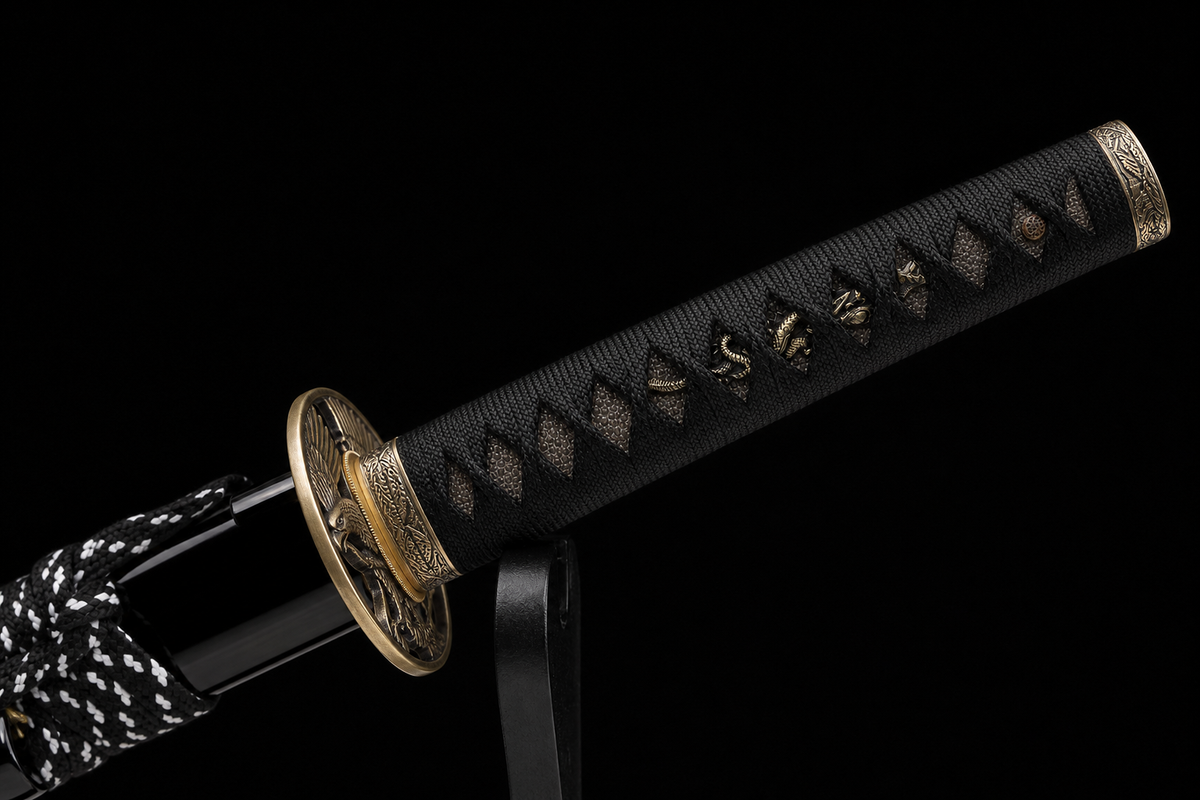 Eagle-Motif Katana — Mirror-Polished 5160, Black Lacquered Saya — tsuka detail