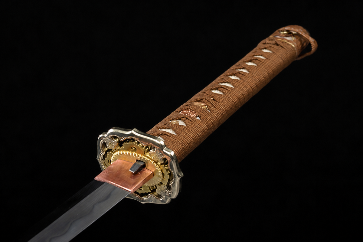 Kobuse Jigane Type 98 Sword — Tan Ito, Brown Leather Saya — photograph 3