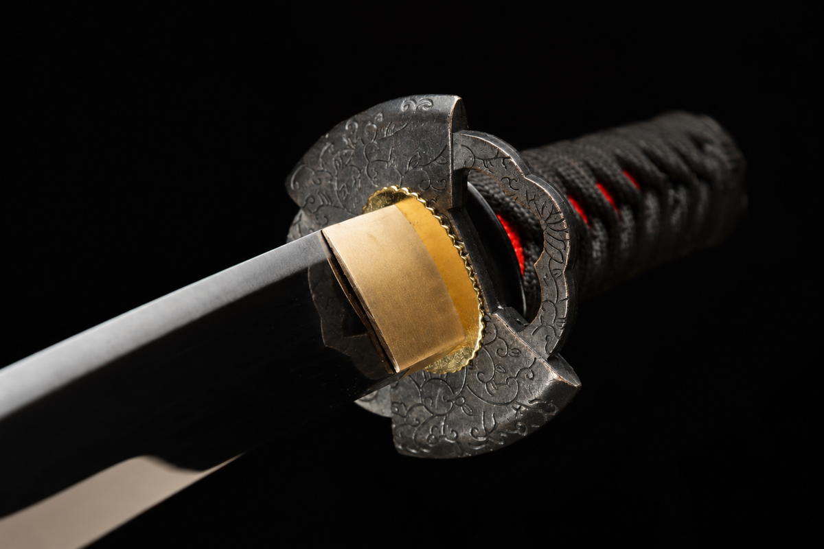 Unsharpened Collector Wakizashi — 1065 Carbon Steel, Mirror Polish — tsuba and fittings detail