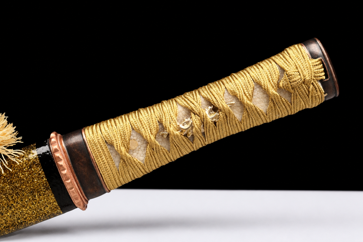 Unsharpened Golden-Crow Collector Wakizashi — Clay-Tempered, Red-Copper Tsuba — tsuka detail