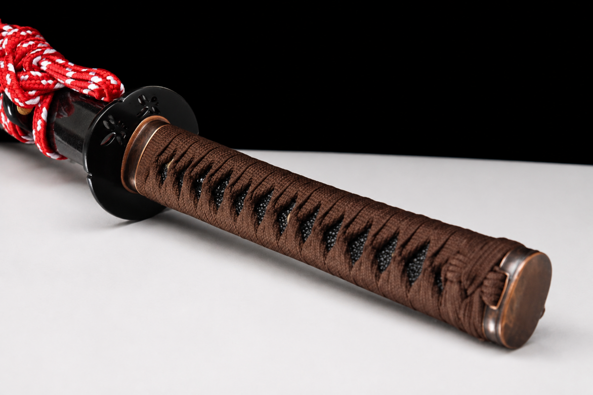 Unsharpened Dragonfly Collector Katana — Spring Steel, Plain Iron Mounts, Slim Saya — tsuka detail