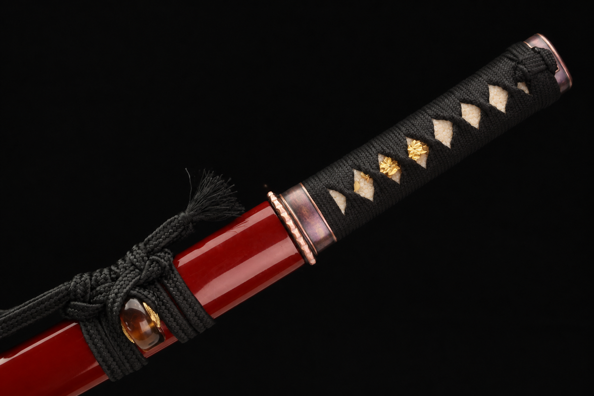 Unsharpened Red-Copper Collector Wakizashi — 1065 Steel, Pearl Rayskin Tsuka — tsuka detail
