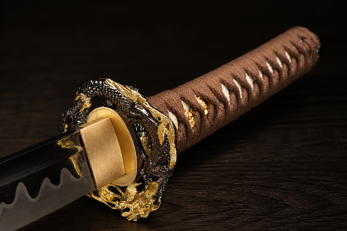 Unsharpened Twin Cloud-Dragon Relief Collector Katana — 5160 Steel, Slim Saya — tsuka detail