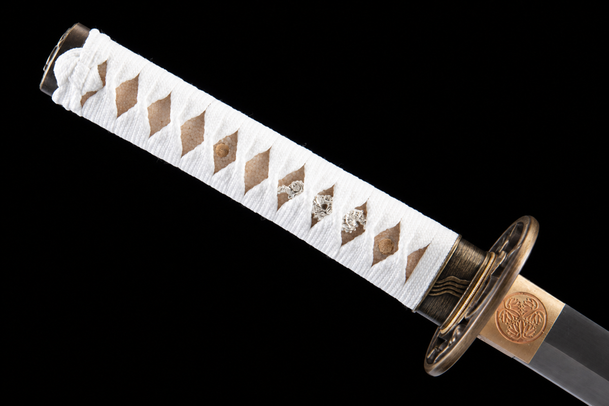 Unsharpened Platinum-Tone Collector Katana — 1065 Steel, White Dragonfly Tsuba — tsuka detail