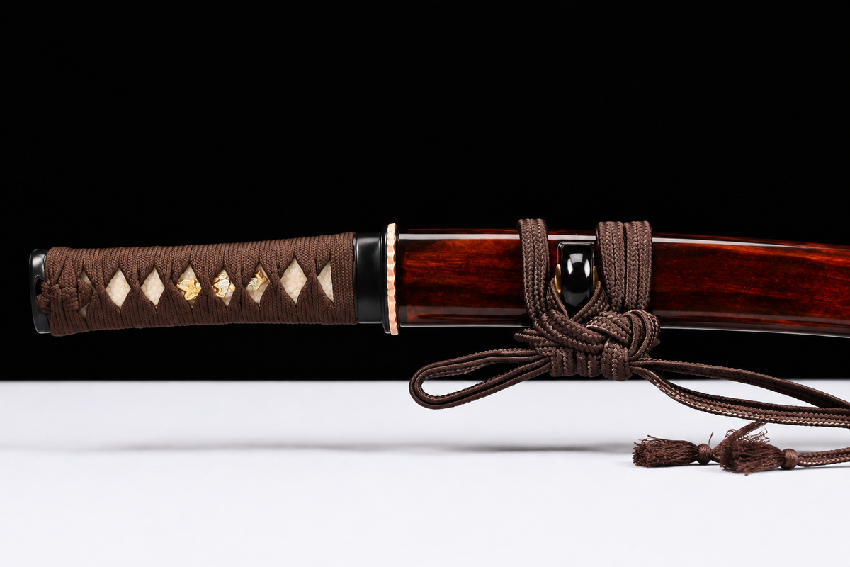 Unsharpened Collector Wakizashi — T10 Tool Steel, Clay-Tempered, Copper Tsuba — tsuka detail