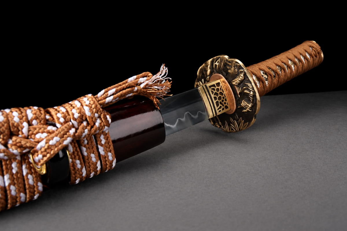 Unsharpened Bamboo-Tiger Collector Wakizashi — Clay-Tempered T10, Copper Fittings — tsuka and tsuba detail