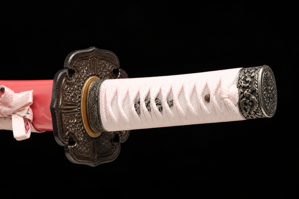 Deep-Curve Tachi — Patterned Steel, Coral Saya, Sakura Ito — tsuka detail