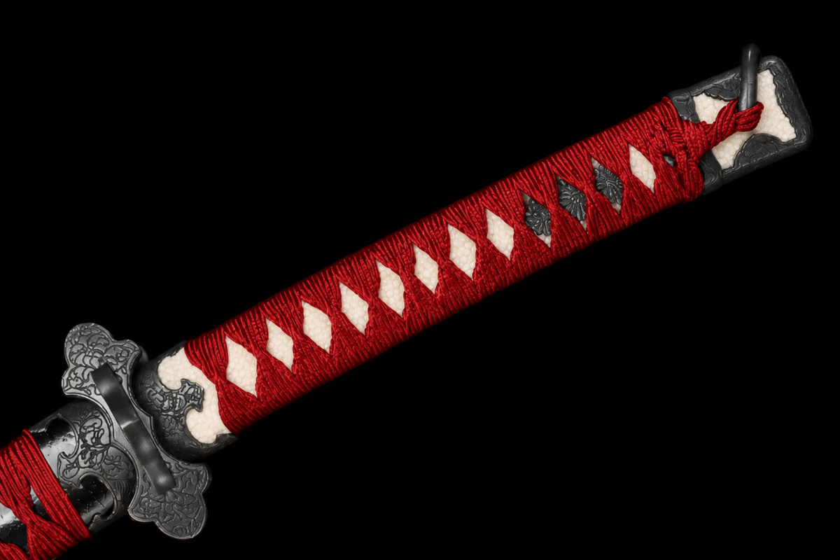 Unsharpened Shogunate Collector Tachi — Clay-Tempered, Wild Rayskin Tsuka — tsuka detail