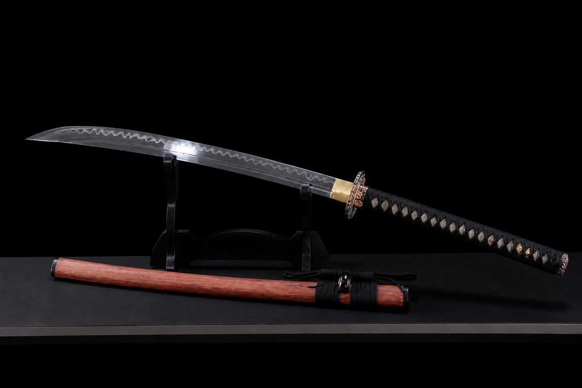T10 Midare Short Sword — Black Ito, Wood Saya — photograph 3