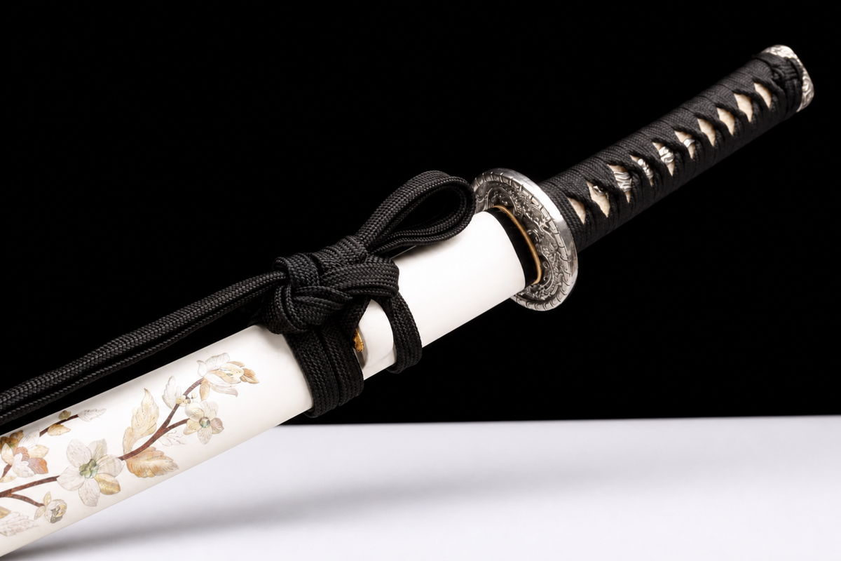 Unsharpened Lantern-Motif Collector Wakizashi — 5160 Steel, Copper-Alloy Fittings — 柄部刀镡下绪特写