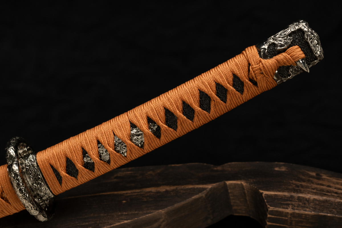 Unsharpened Deep-Curve Collector Tachi — 1060 Steel, Mirror Polish — tsuka detail