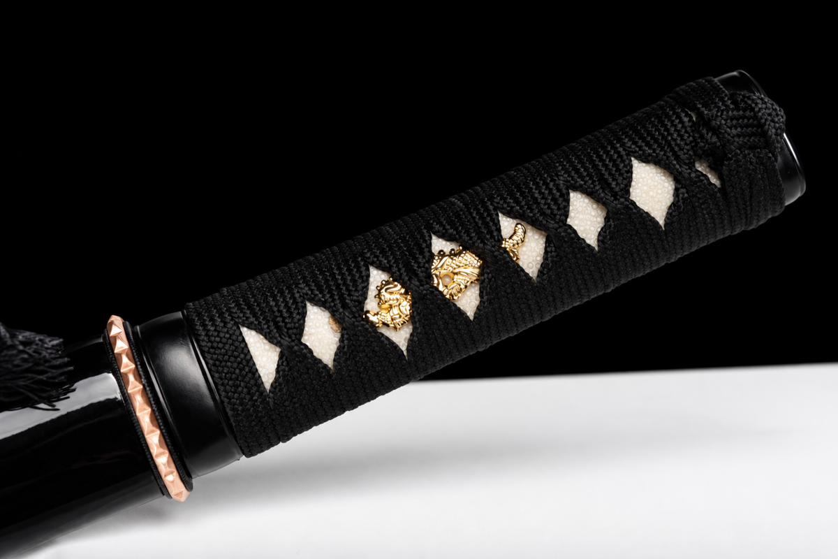 Shell-Inlay Wakizashi — Mirror-Polished 1065, Copper Fittings — tsuka detail