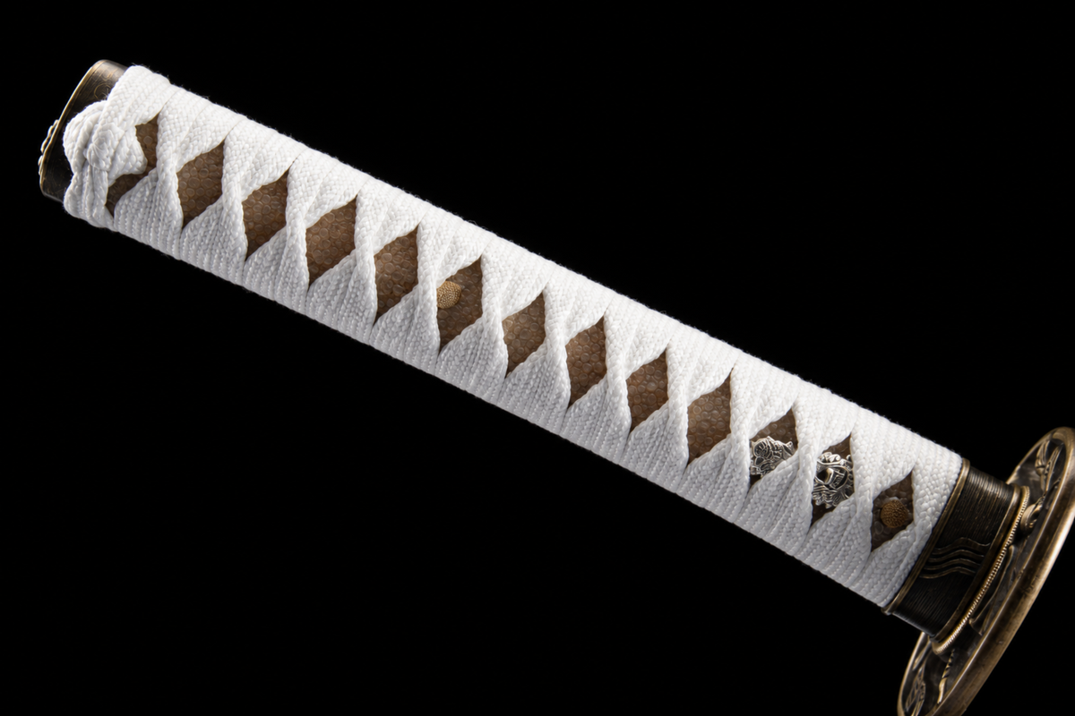 Unsharpened White Dragonfly Collector Katana — 1065 Steel, Piano-Lacquer Saya — tsuka detail