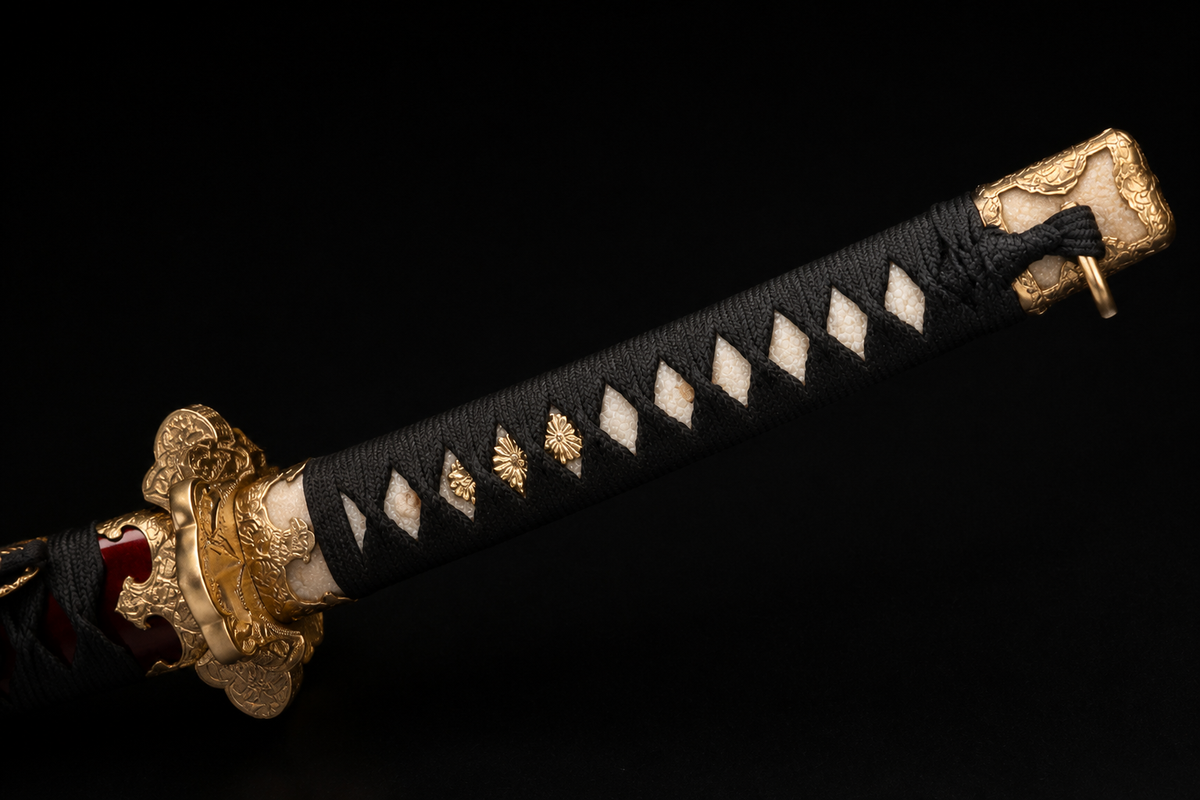 Unsharpened Shogunate Collector Tachi — Clay-Tempered, Copper Fittings — tsuka