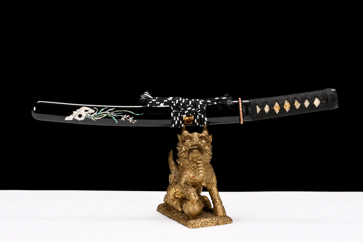 Shell-Inlay Wakizashi — Mirror-Polished 1065, Copper Fittings — sheathed on stand, full view