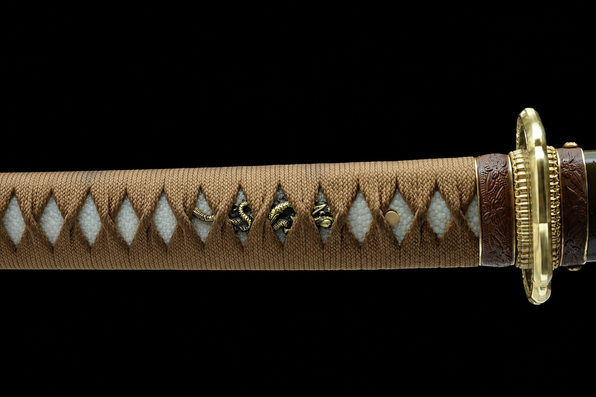 Folded Steel Type 98 Sword — Tan Ito, Brown Leather Saya — photograph 3