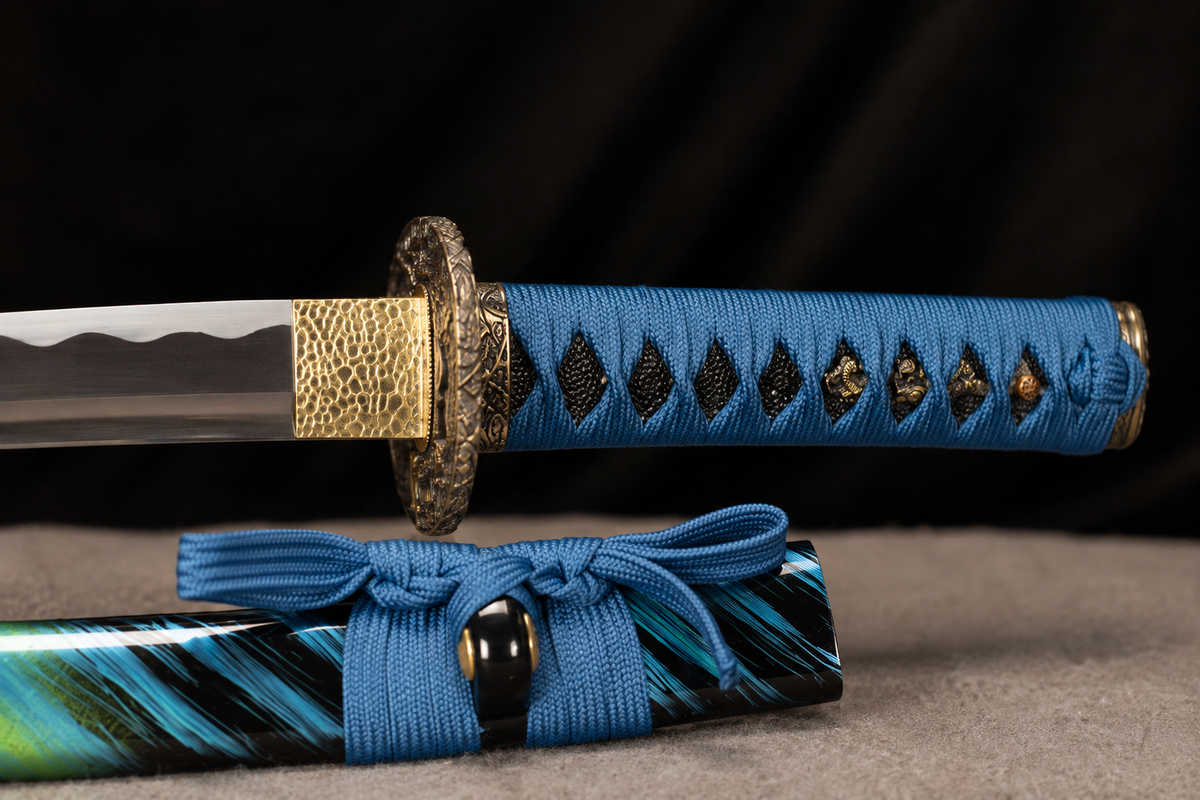 Unsharpened Compact Collector Wakizashi — Grade 45 Carbon Steel, Alloy Fittings — tsuba and fittings detail