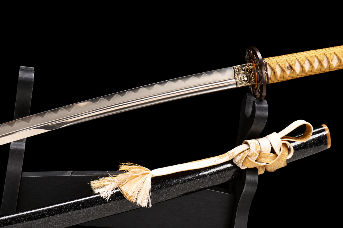 Unsharpened Collector Katana — Clay-Tempered Steel, Bo-Hi, Twenty-Stage Polish — blade and mount junction