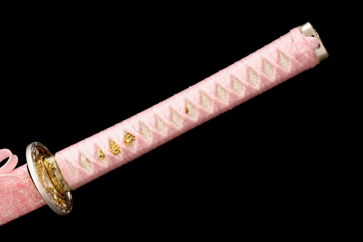 Unsharpened Pink Collector Katana — T10 Tool Steel, Clay-Tempered, Bo-Hi — tsuka detail
