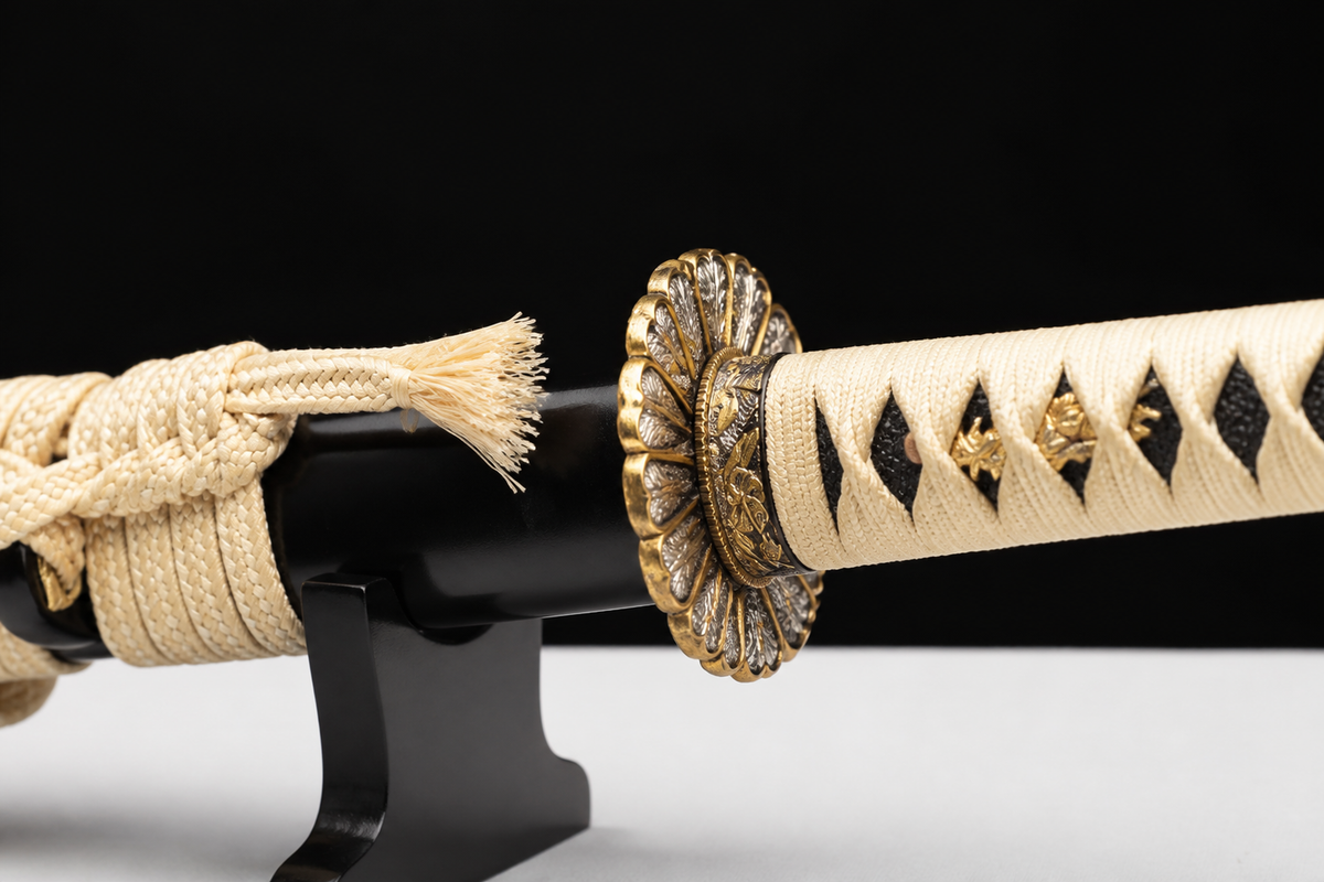 Unsharpened Chrysanthemum-Tsuba Collector Katana — Clay-Tempered T10, Lacquered Saya — 柄部菊纹刀镡