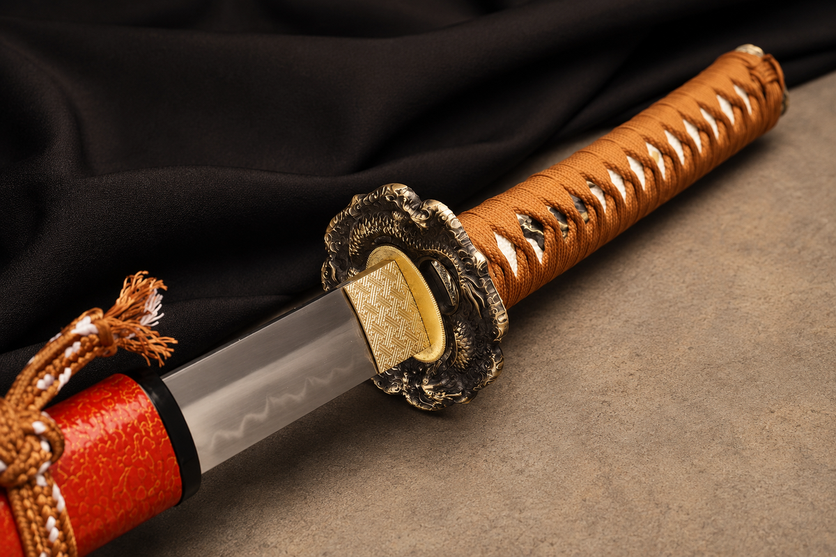 Unsharpened Collector Katana — T10 Tool Steel, Clay-Tempered, Copper Mounts — tsuka detail