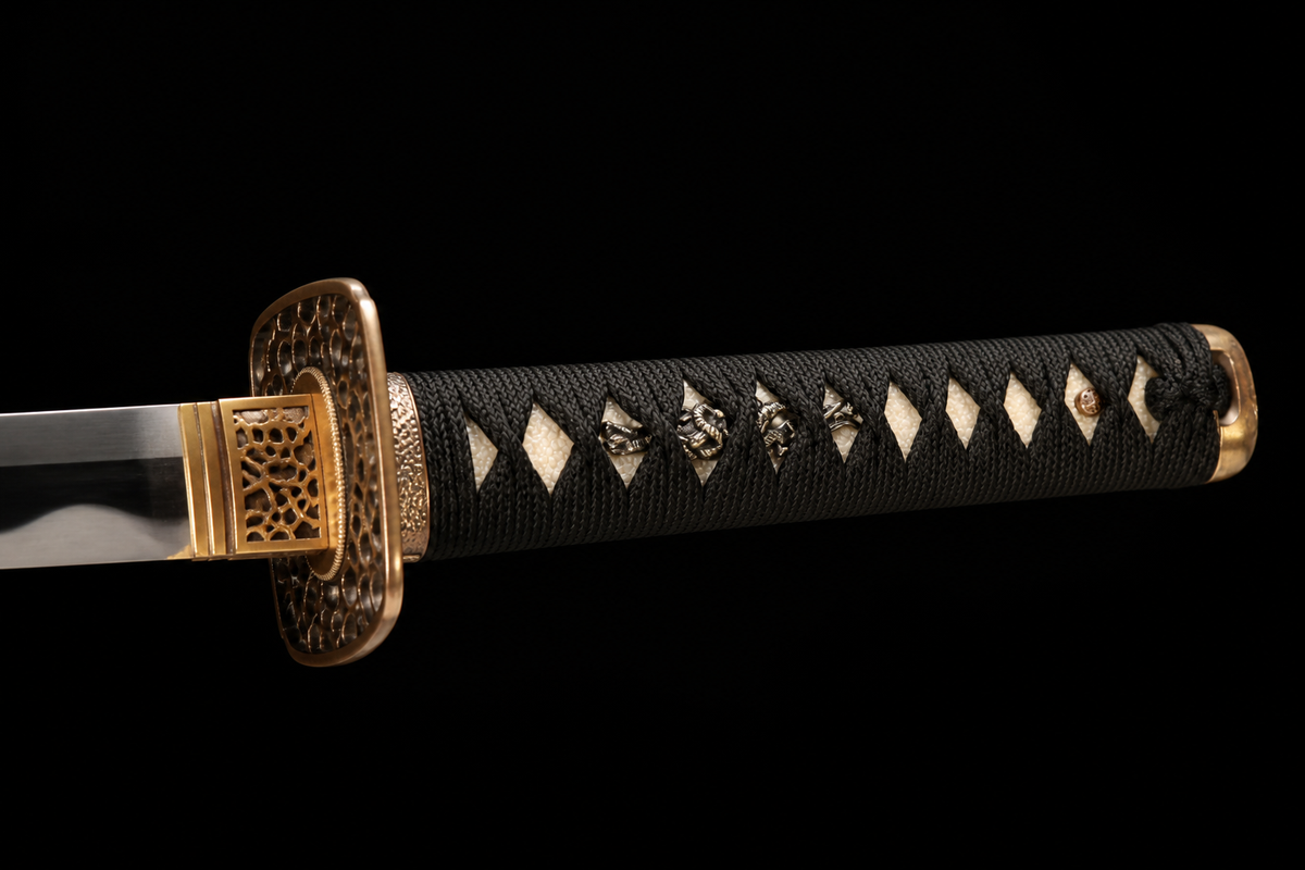 Rising Dragon Katana — Vermilion Saya, Gold Openwork Tsuba — tsuka detail