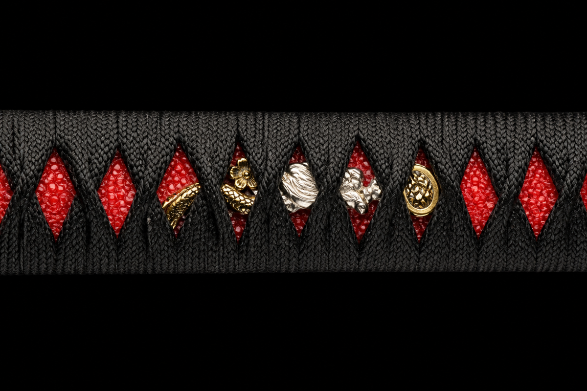 Dragon Plum Katana — Black Kamon Saya, Red-Accent Ito — tsuka detail