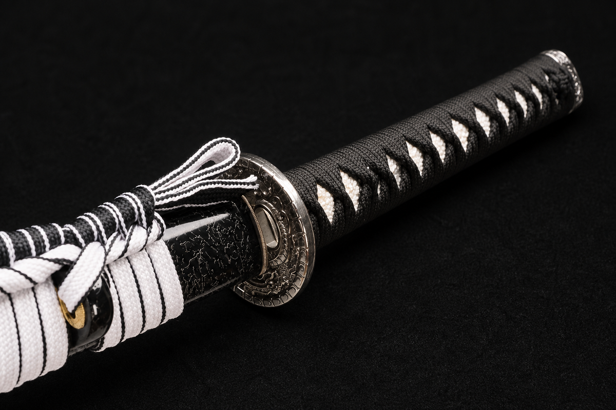 Unsharpened Cloud-Dragon Collector Katana — 5160 Spring Steel, Copper-Alloy Fittings — tsuka detail
