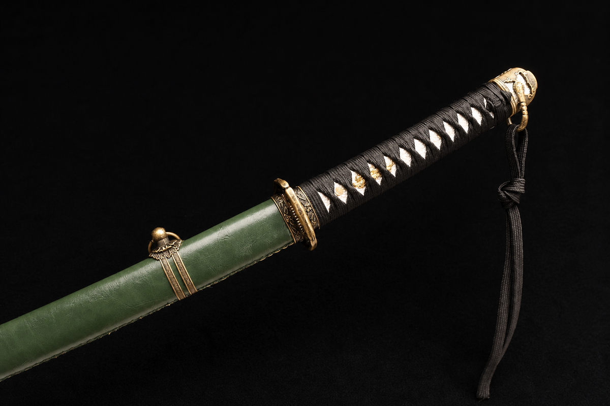 Unsharpened Type 98 Gunto Reproduction — Mirror-Polished, Leather-Wrapped Saya — 柄部刀镡挂穗特写