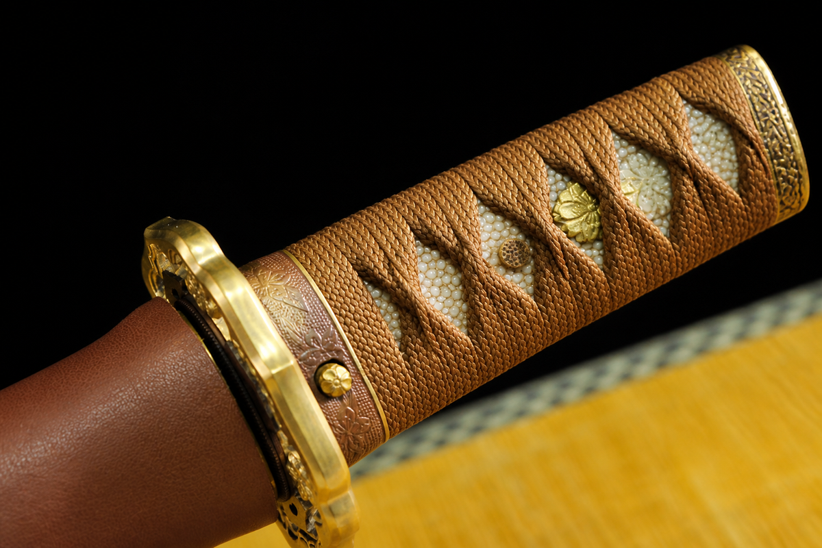 Folded Steel Type 98 Sword — Tan Ito, Studded Leather Saya — photograph 3