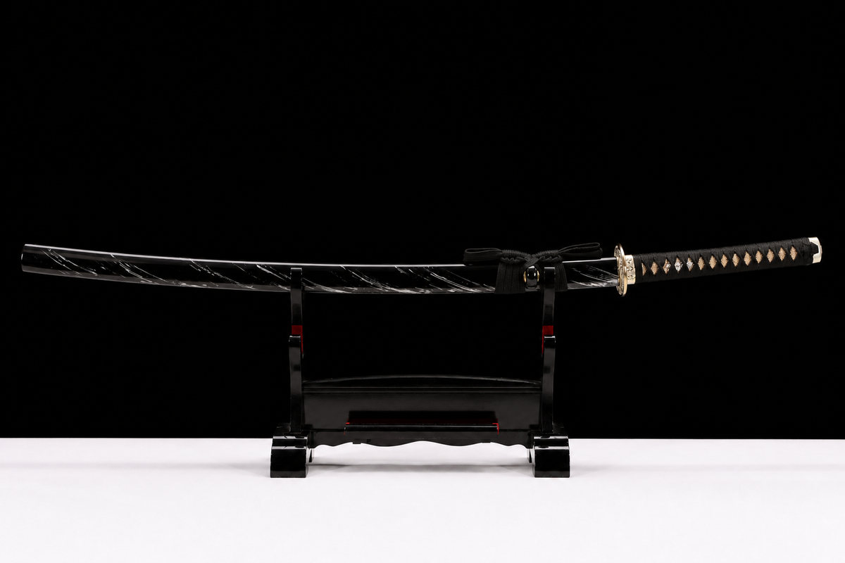 Drifting Shadow Katana — Streaked Black Saya, Copper Seppa — sheathed, horizontal full view