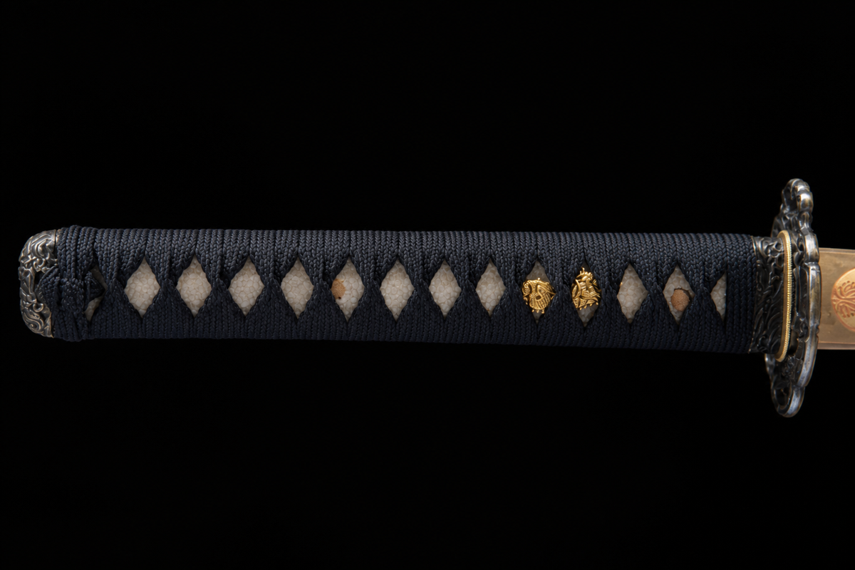 Unsharpened Twin-Fish Wave Collector Katana — 1065 Steel, Piano-Lacquer Saya — tsuka detail
