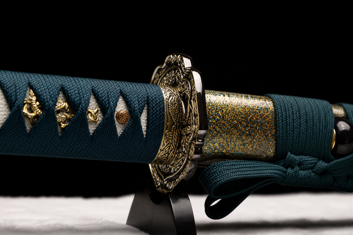 Unsharpened Pan Collector Katana — Grade 45 Carbon Steel, Lacquered Hardwood Saya — 柄部刀镡鞘口