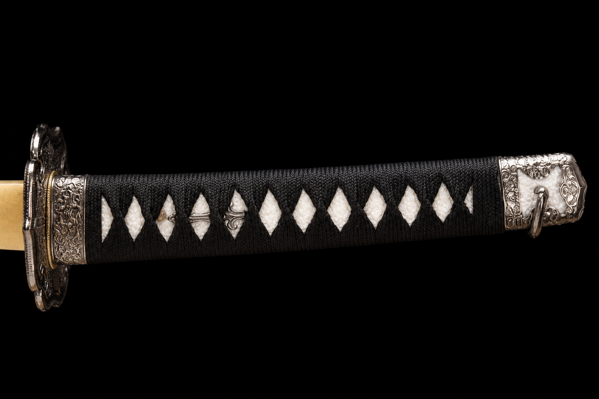 Angled-Tsuka Katana — Mirror-Polished 5160, Plum-Pattern Saya — tsuka detail