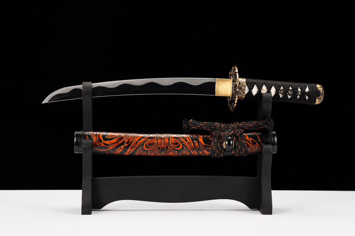 Daisho Set — Mirror-Polished 5160, Carved Red-and-Black Saya — short sword drawn with matching saya