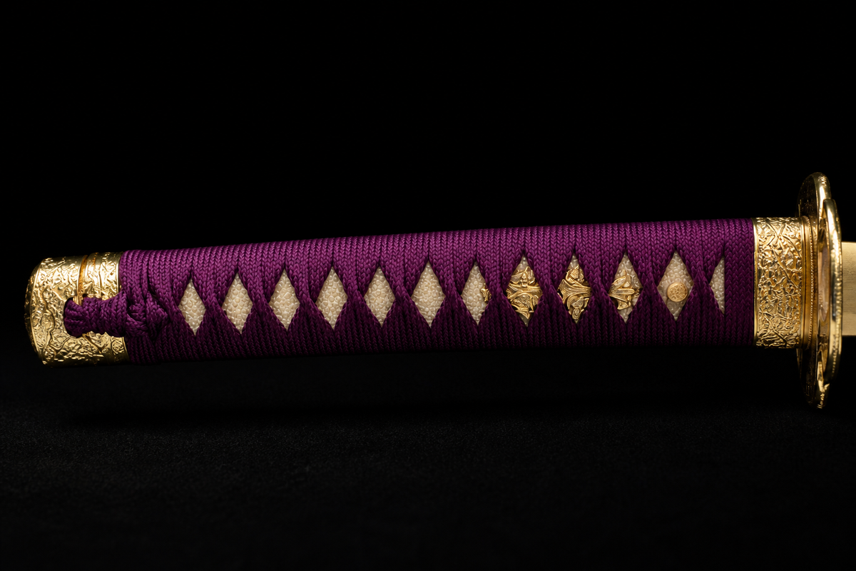 Purple Cloud Tachi — Mirror-Polished 1060, Burgundy Kamon Saya — tsuka detail
